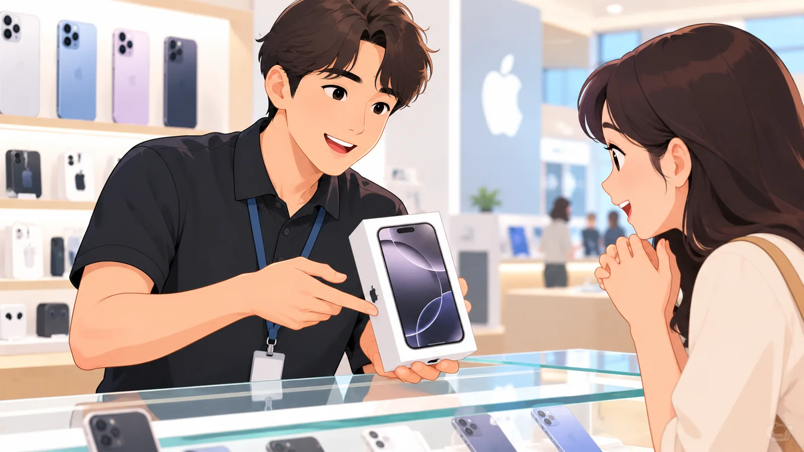 Tindero na nagpapakita ng selyadong kahon ng iPhone sa customer