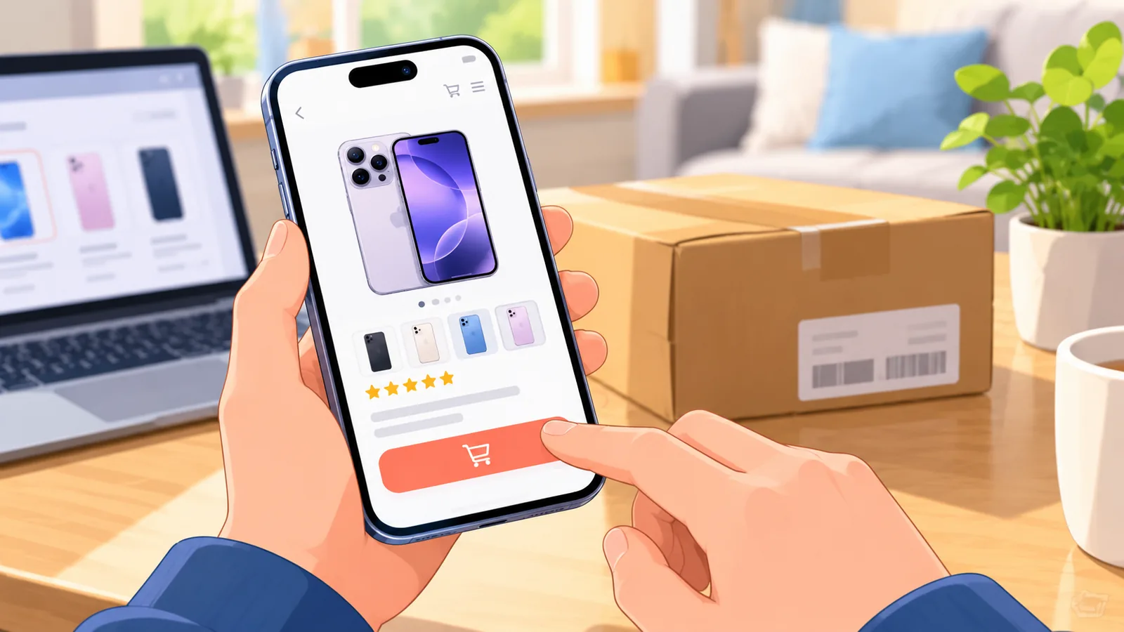 Kamay na may hawak na telepono na nagpapakita ng online shopping app