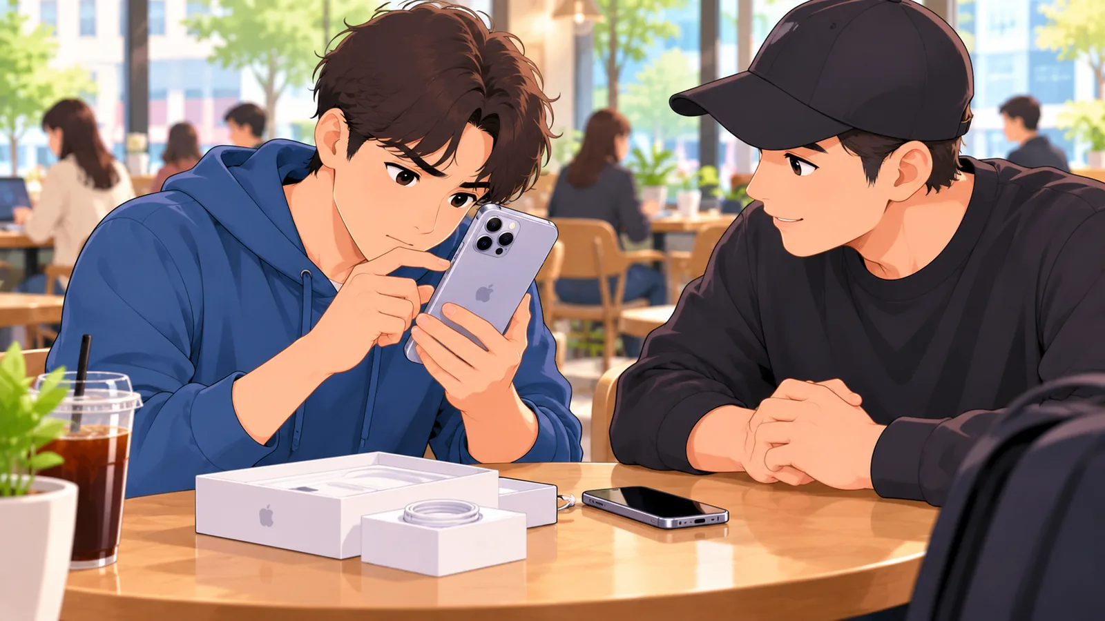 Dalawang tao na sinusuri ang second-hand na iPhone sa pampublikong cafe