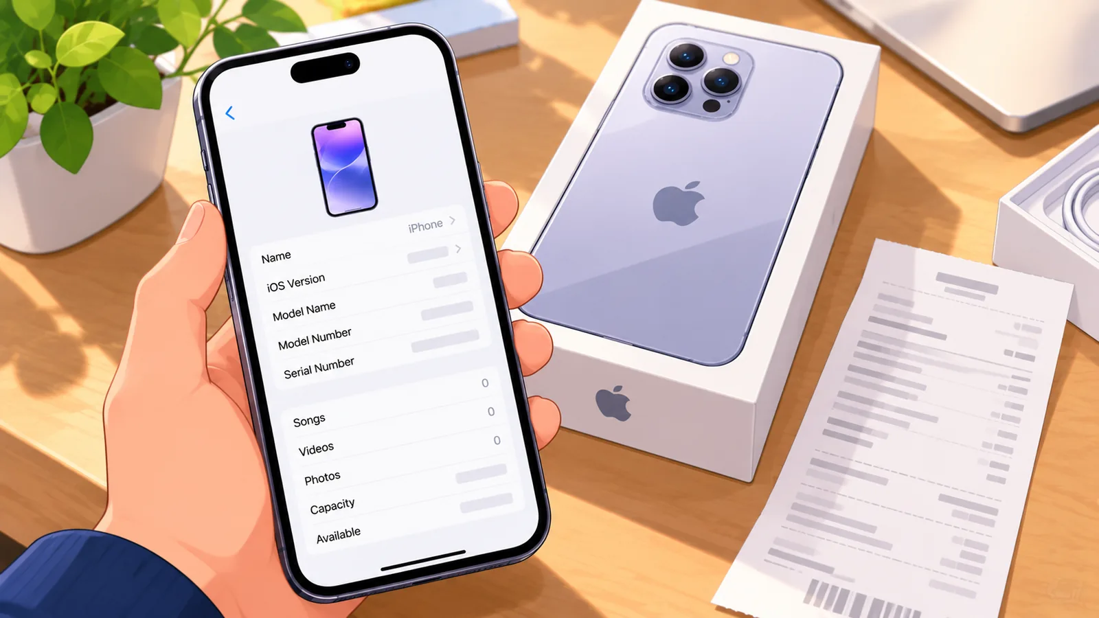 iPhone na nagpapakita ng impormasyon ng unit katabi ng kahon at resibo