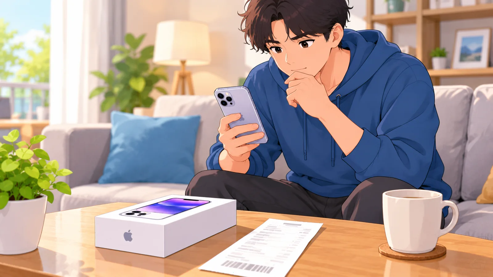 Taong nagbabasa sa sofa katabi ng kahon ng iPhone at resibo