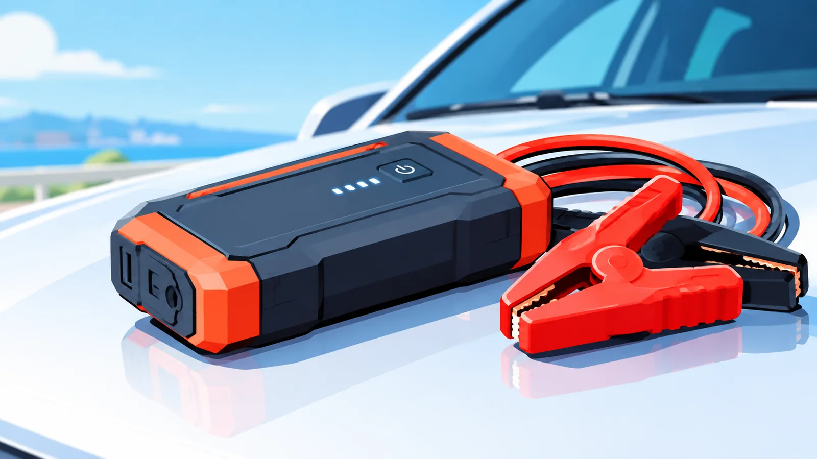 Démarreur de batterie portable posé sur le capot d'une voiture