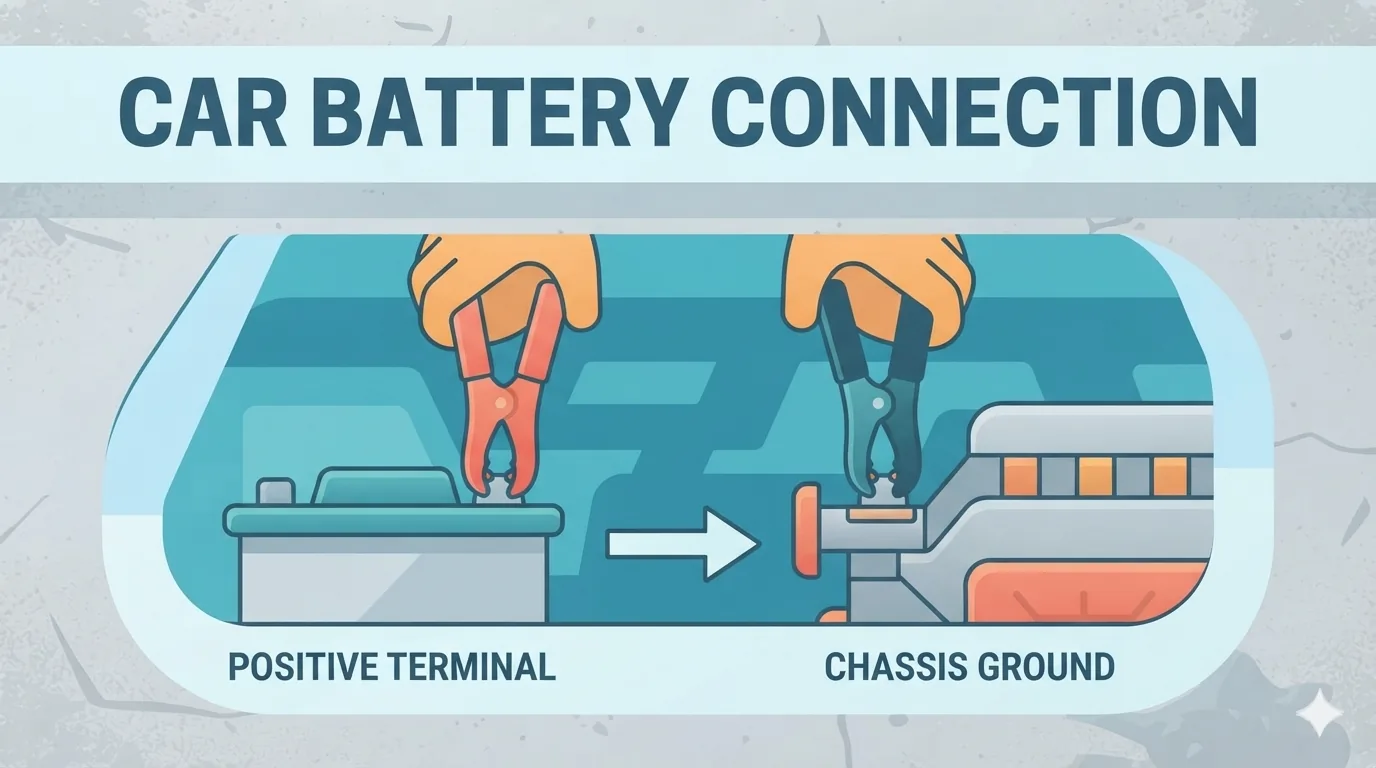 Pinces d'un démarreur de batterie branchées sur la batterie d'une voiture