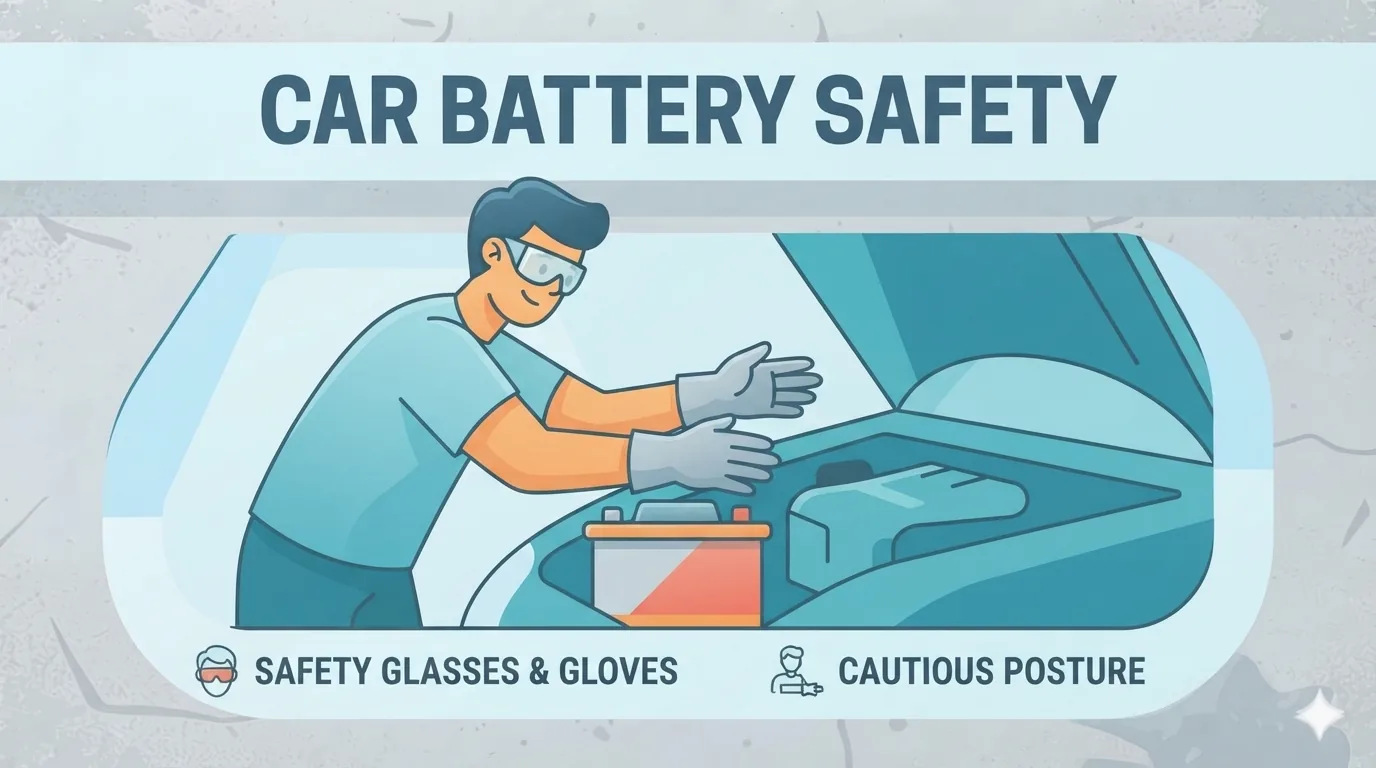 Personne portant des lunettes de protection pour manipuler une batterie de voiture