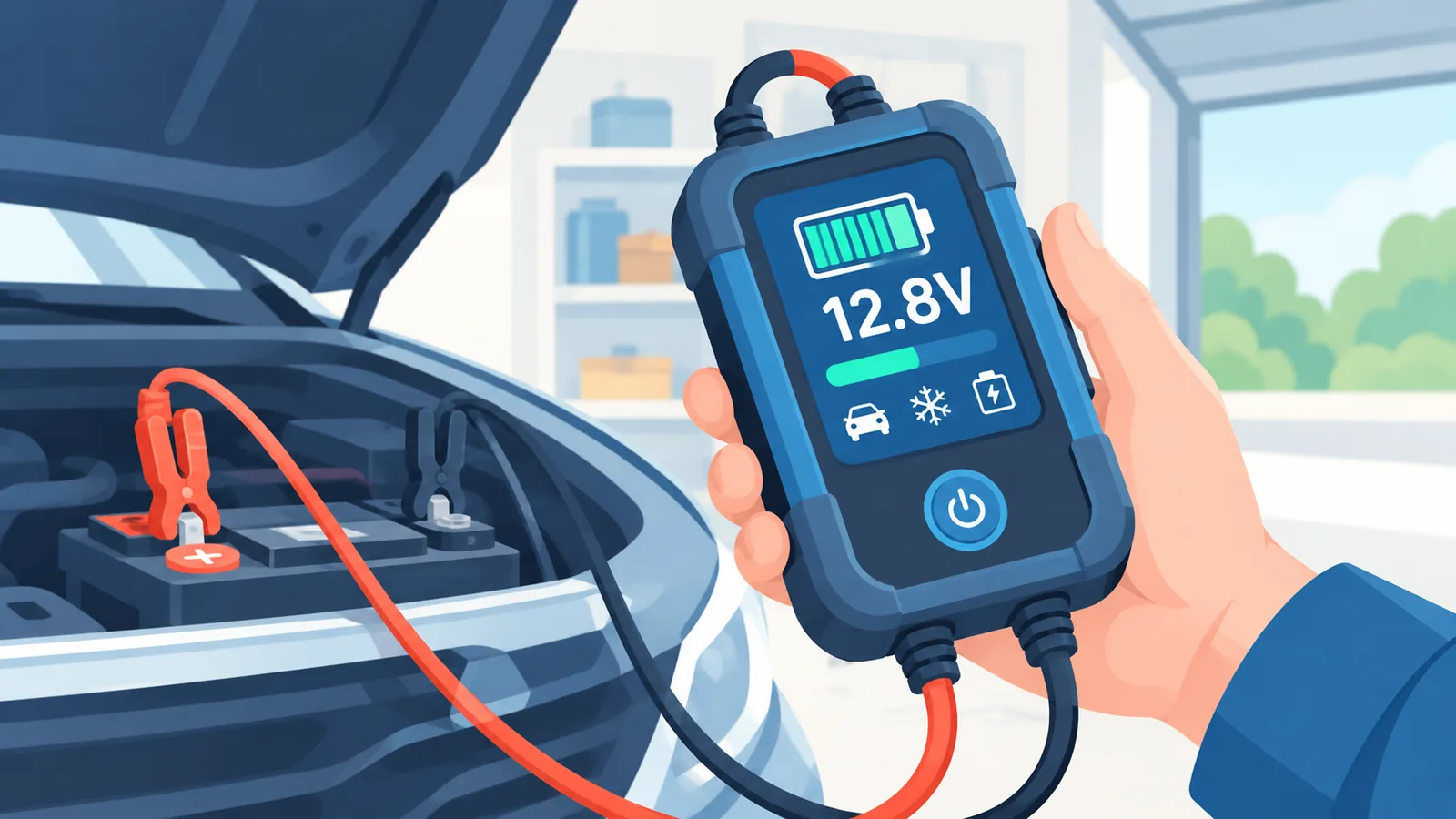 Chargeur de batterie moderne avec écran numérique près d'un capot ouvert