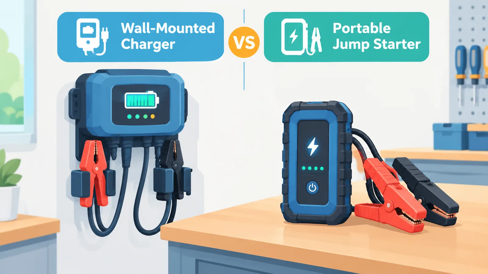 Comparaison visuelle entre un chargeur mural et un booster portable