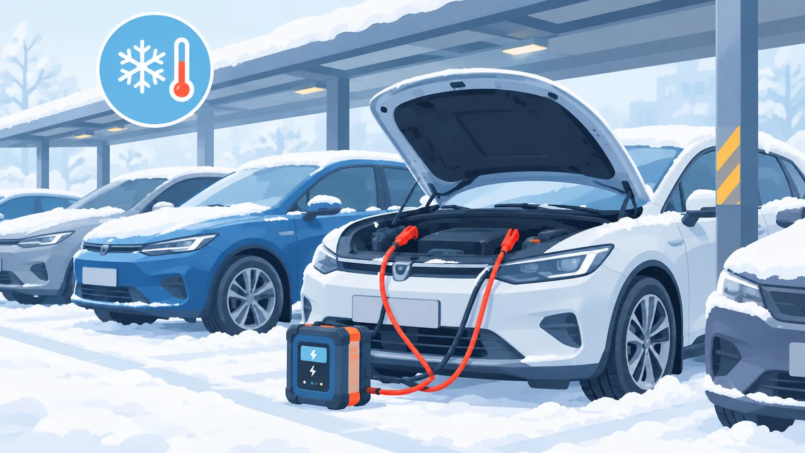 Flotte de véhicules garés en hiver avec une voiture en charge