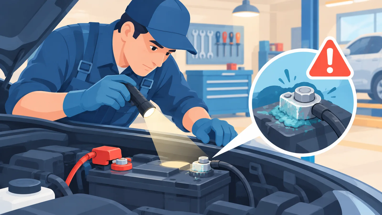Mécanicien inspectant l'état d'une batterie de voiture