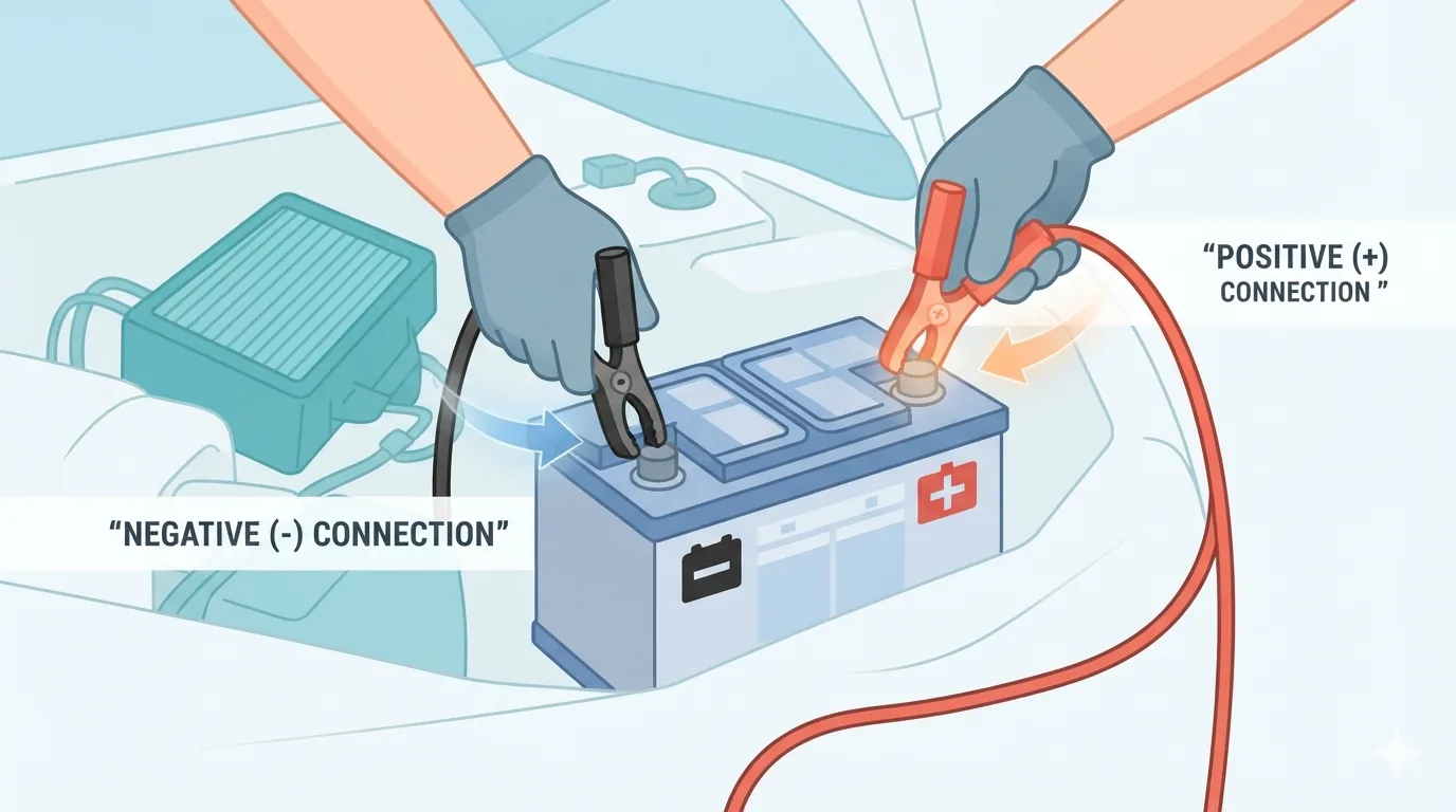 Conducteur utilisant un démarreur de batterie portable sur une voiture
