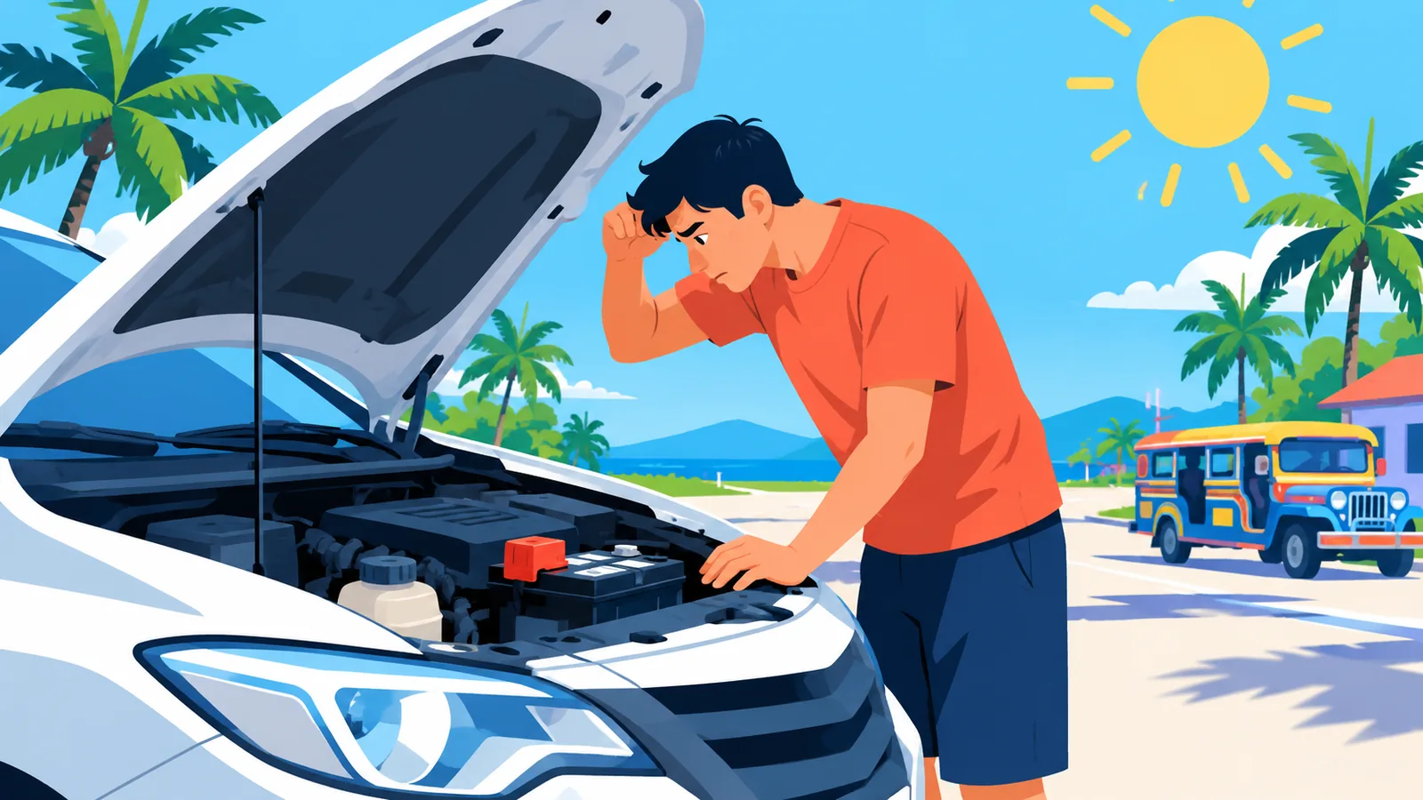 Voiture immobilisée à cause d'une panne de batterie sous la chaleur tropicale