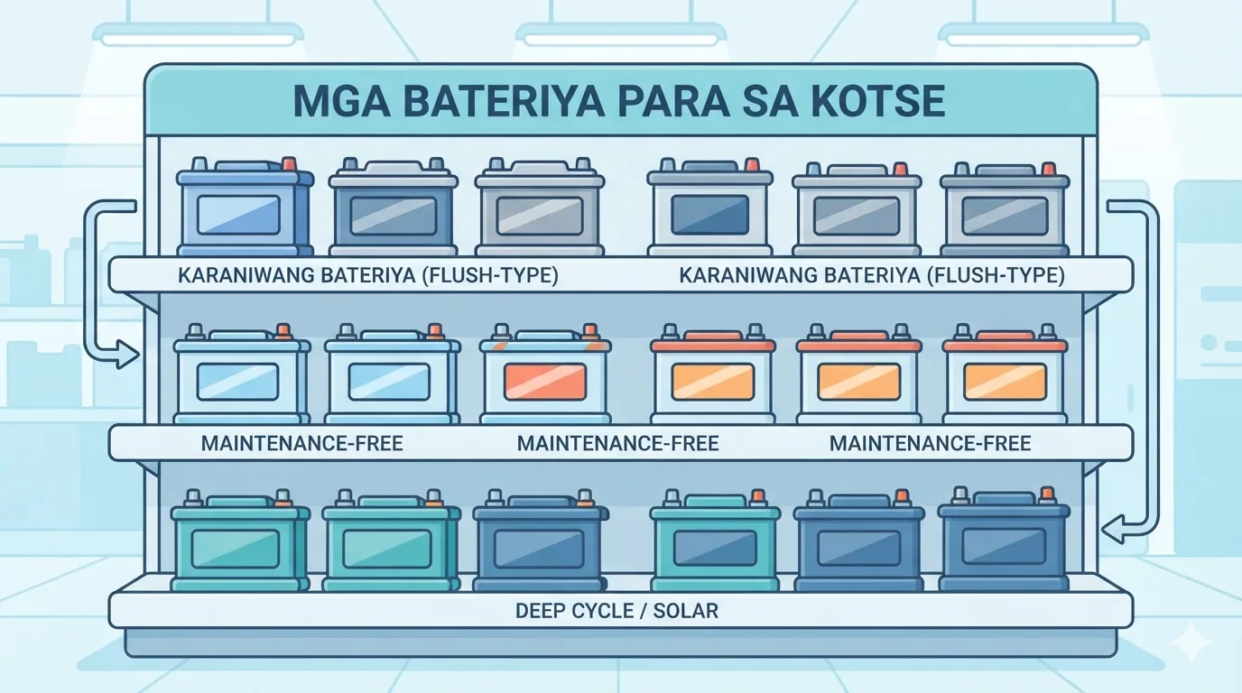 Étagère de batteries de voiture dans un magasin philippin