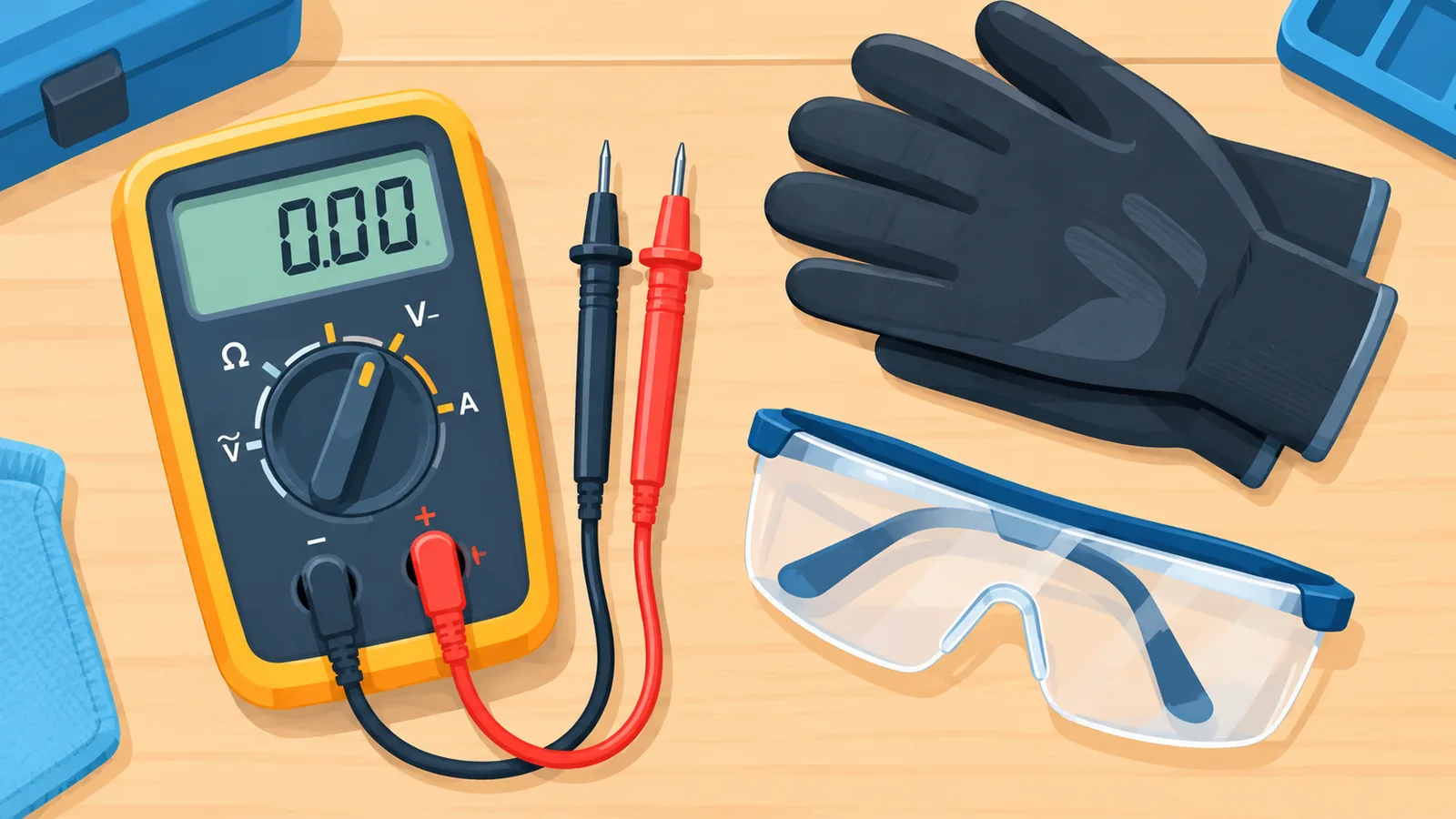 Multimètre numérique, gants et lunettes de protection posés sur un établi
