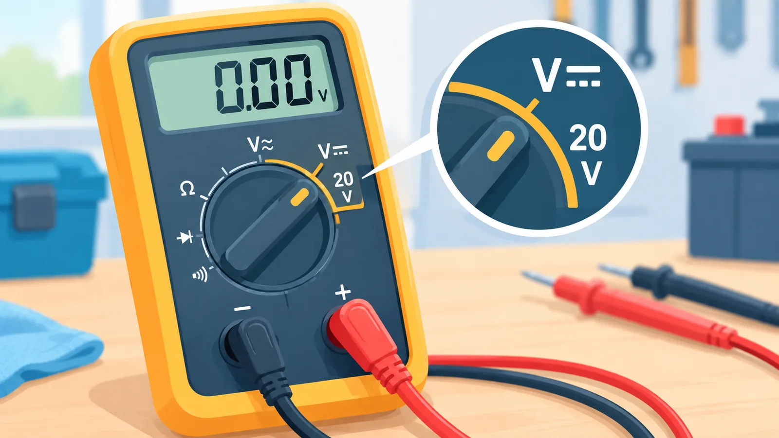 Sélecteur d'un multimètre positionné sur la tension continue 20 V avec ses cordons rouge et noir
