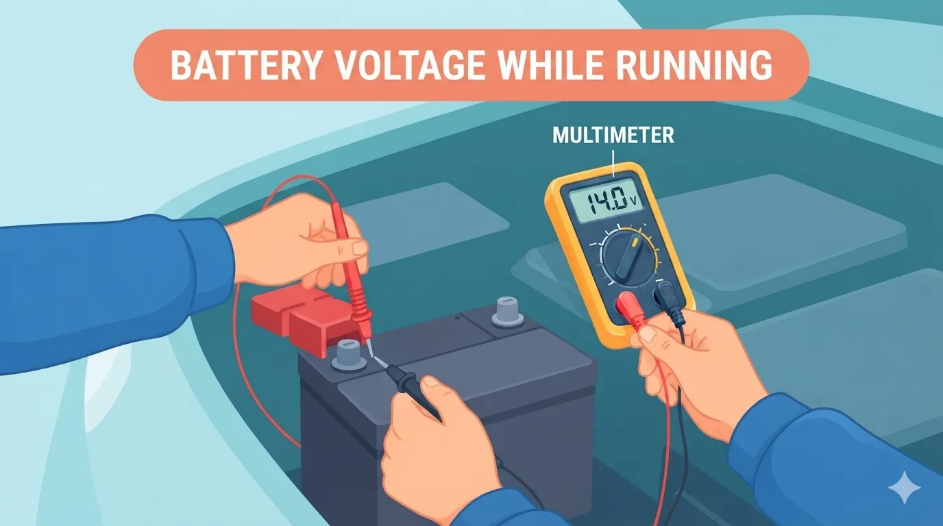 Multimètre branché sur la batterie d'une voiture moteur tournant, affichant environ 14 V