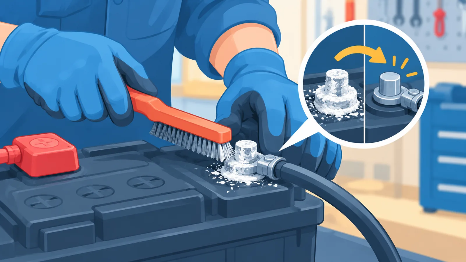 Mécanicien nettoyant les bornes oxydées d'une batterie avec une brosse métallique