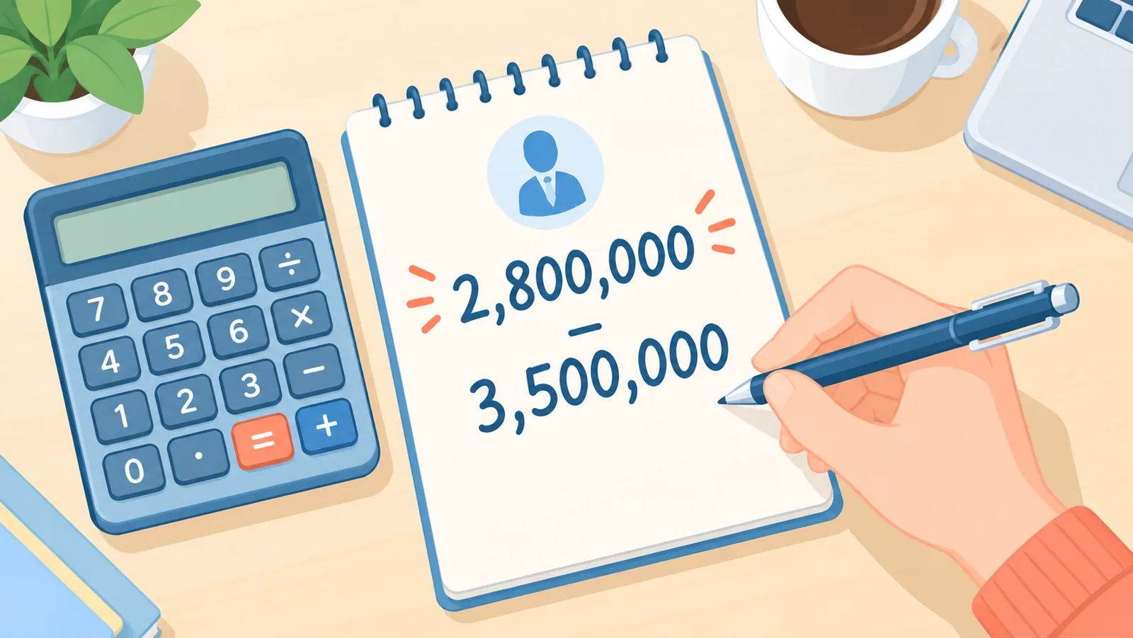 Notes manuscrites d'une fourchette salariale sur un carnet