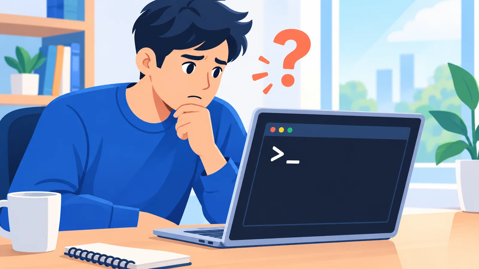 Développeur regardant un terminal fermé par erreur sur un ordinateur portable
