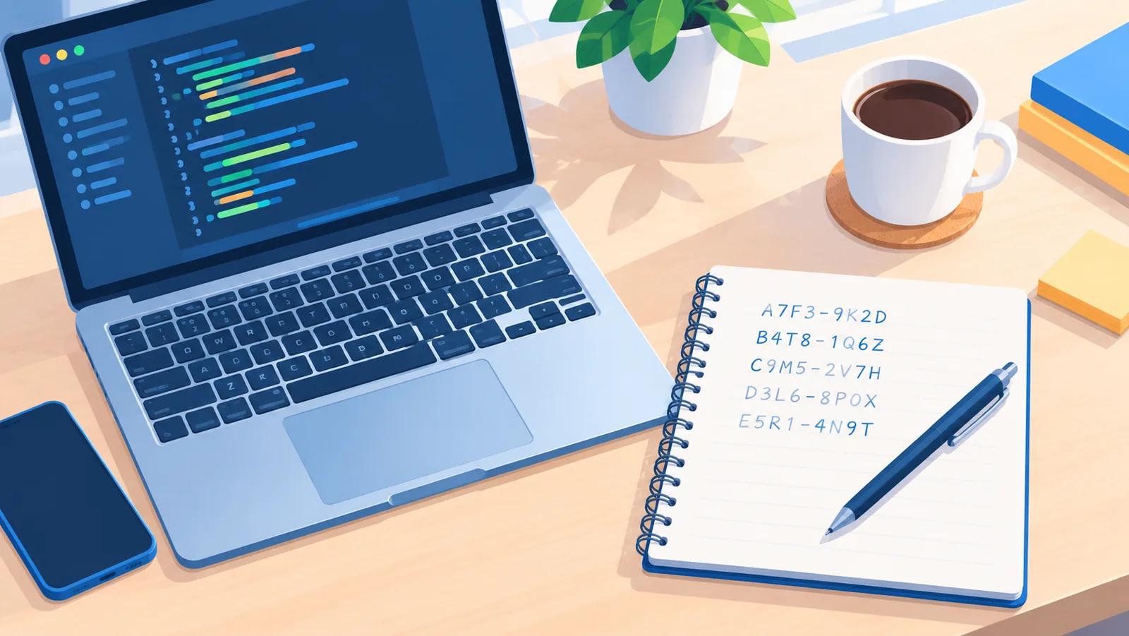 Bureau organisé avec un carnet de notes listant des identifiants de session