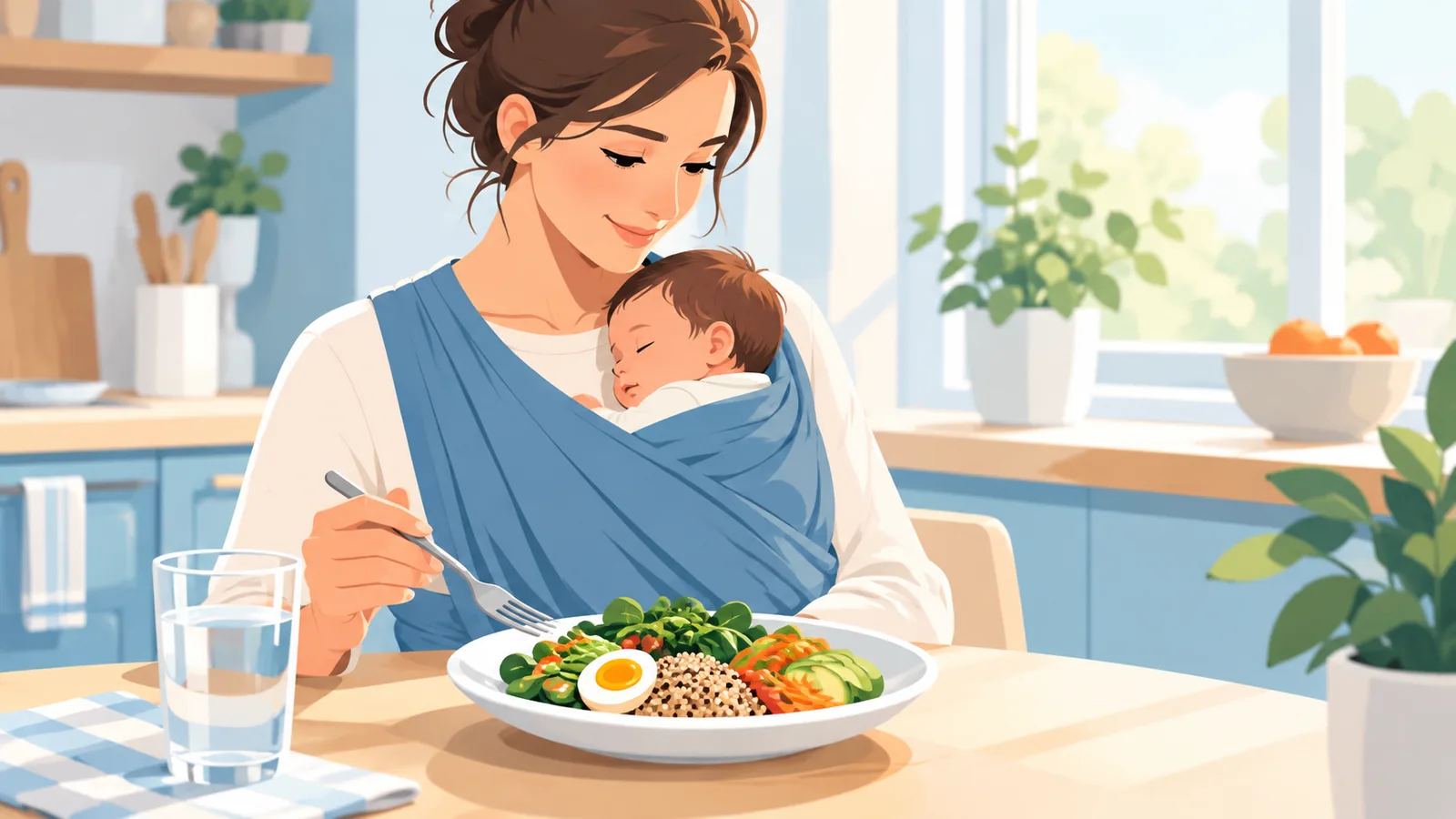 Jeune mère dans une cuisine lumineuse devant une assiette équilibrée, bébé dans un porte-bébé