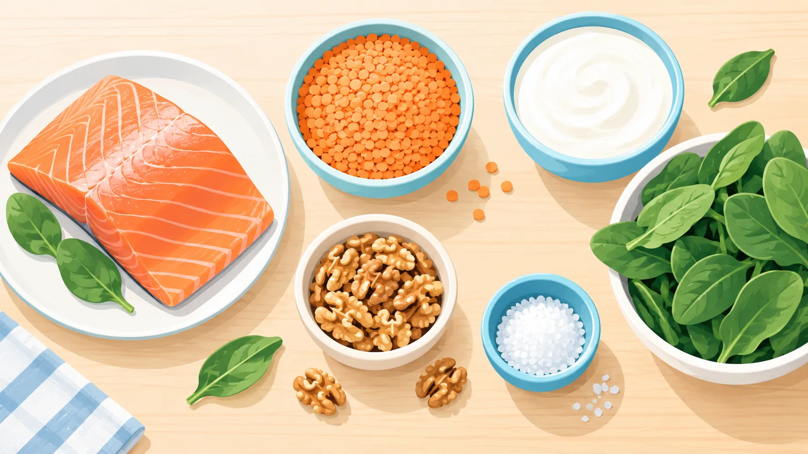 Aliments riches en protéines, calcium, fer et oméga-3 disposés sur un plan de travail