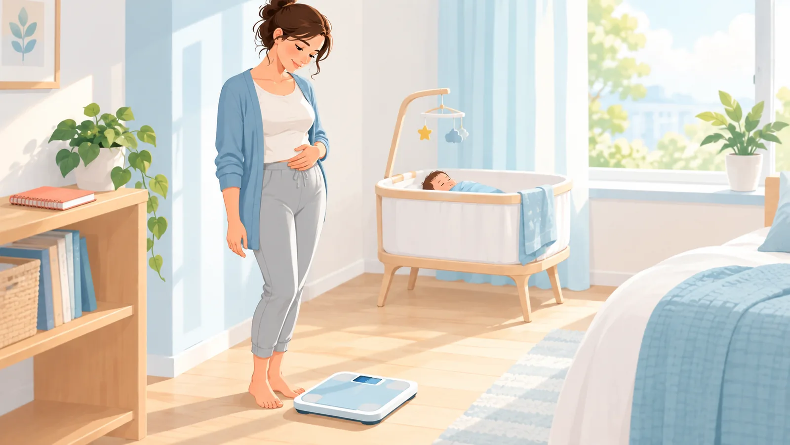 Femme sereine près d'une balance, bébé endormi dans son berceau en arrière-plan