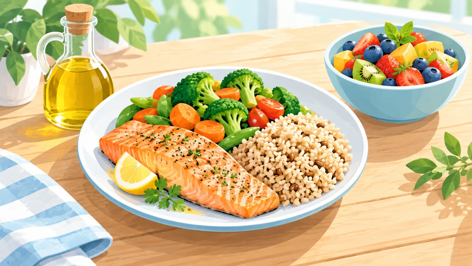 Assiette colorée avec poisson, légumes, céréales complètes et huile de colza