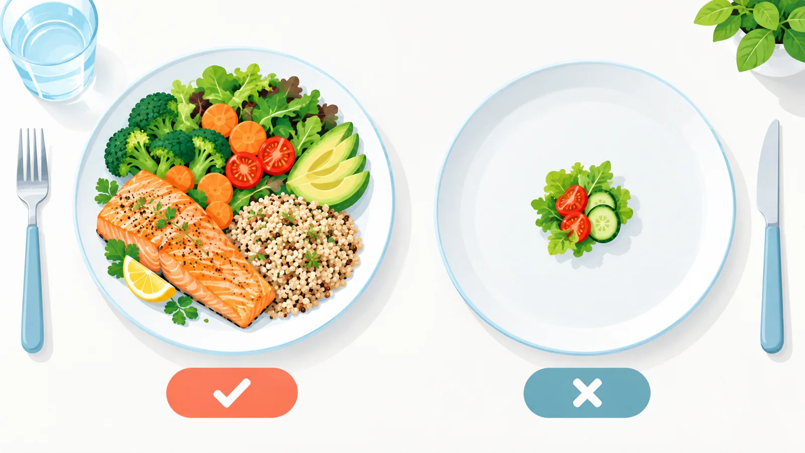 Comparaison entre un repas équilibré généreux et une très petite portion restrictive