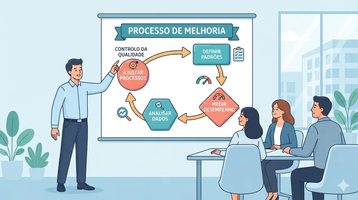 Manager présentant les principes du TQM sur un tableau