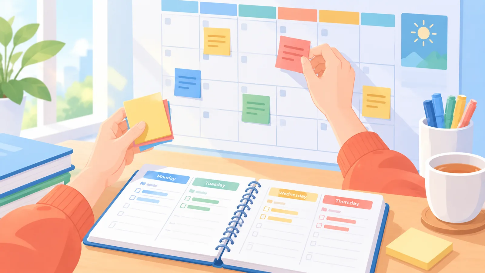 Mains plaçant des notes sur un calendrier de révision