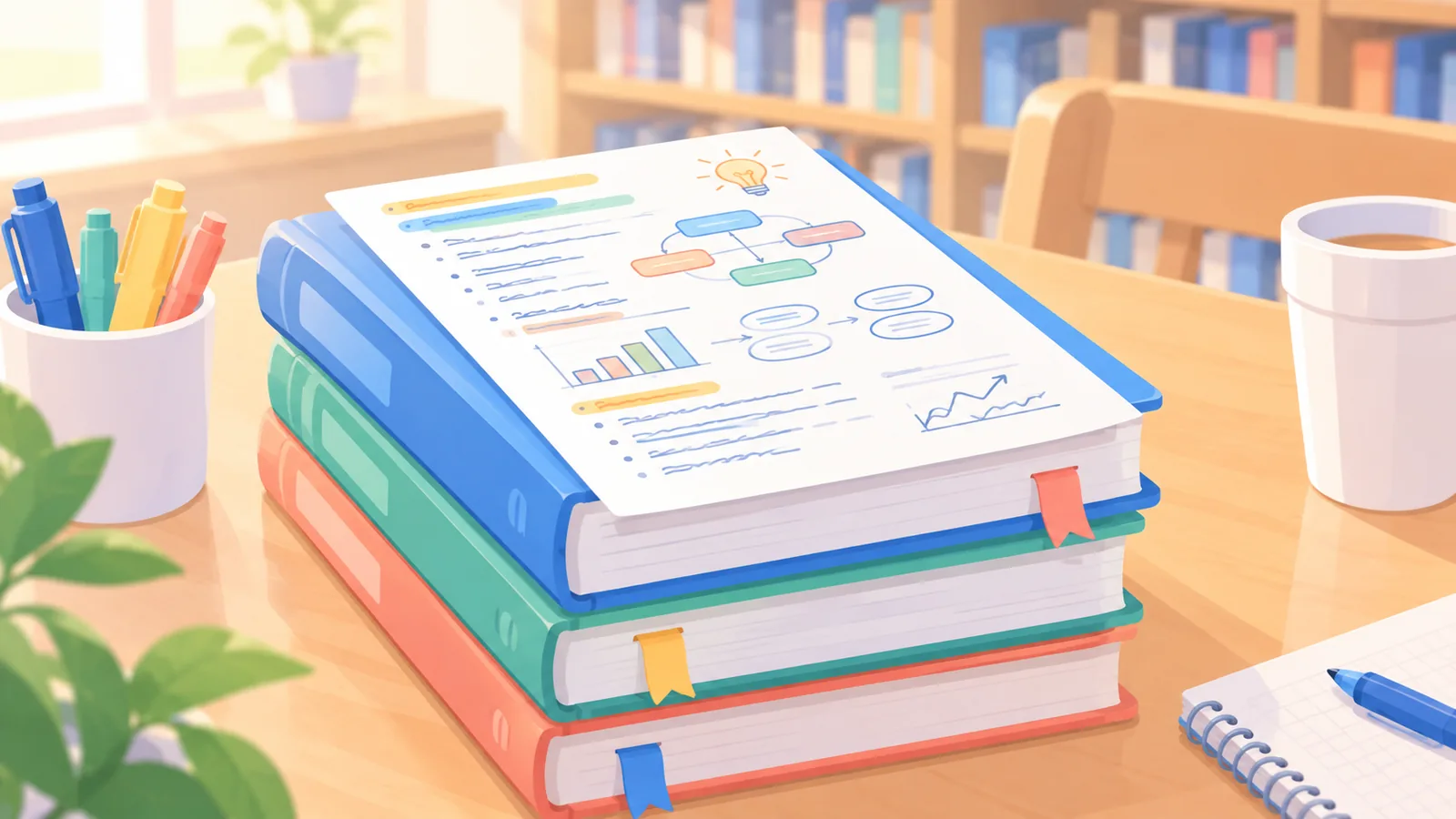 Manuels et fiche de révision sur une table de bibliothèque