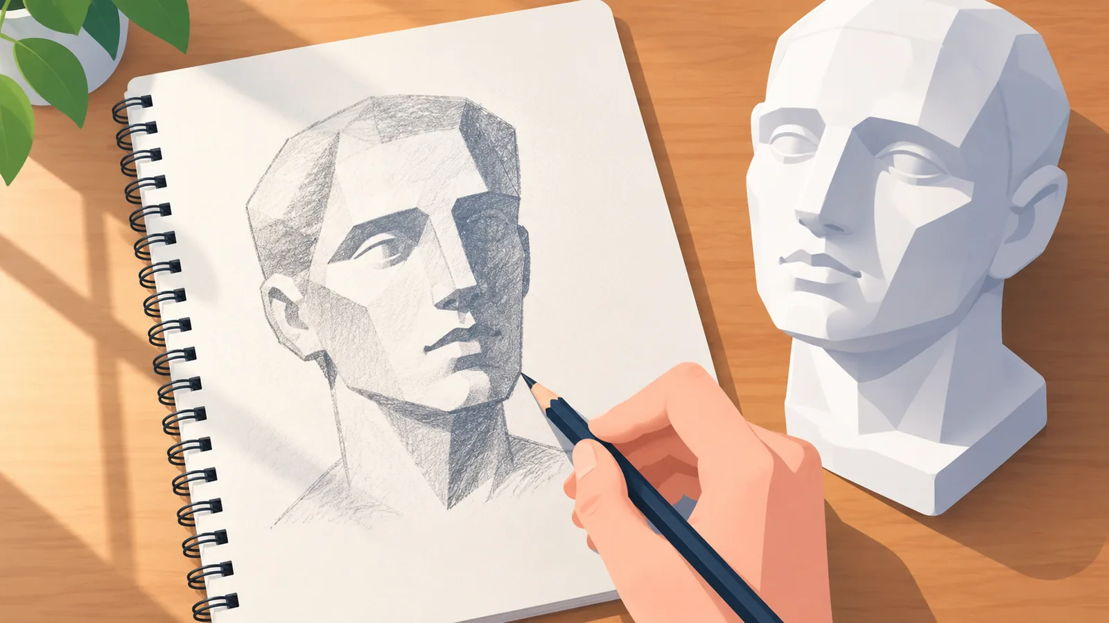 Carnet de croquis montrant un visage en plans clairs et sombres à côté d'une tête en plâtre