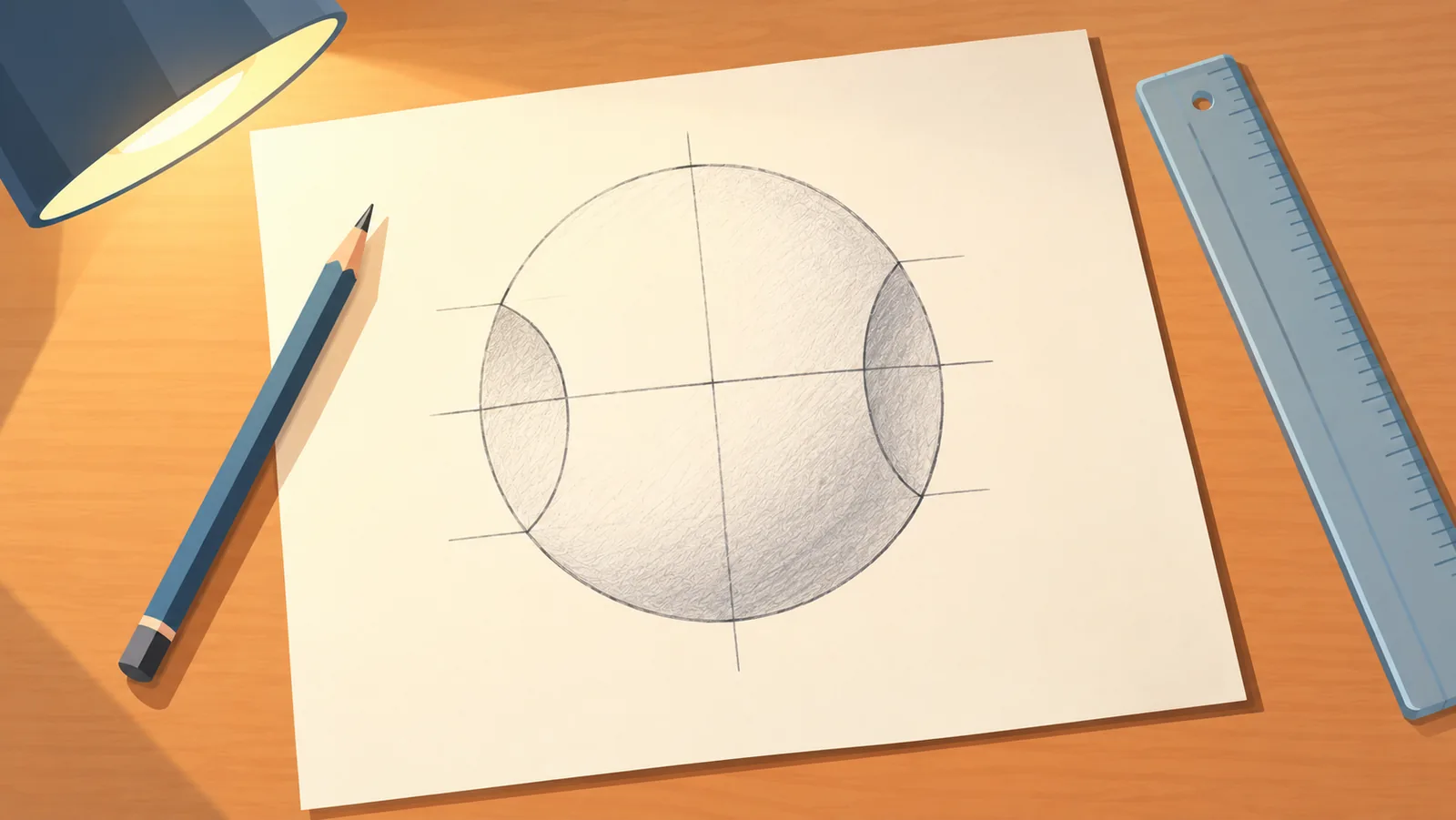 Construction de Loomis : cercle avec lignes de repère et côtés retirés