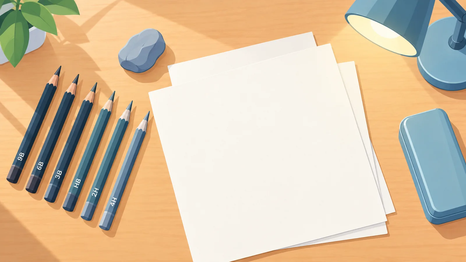 Matériel de dessin : crayons de duretés variées, gomme mie de pain, papier et lampe