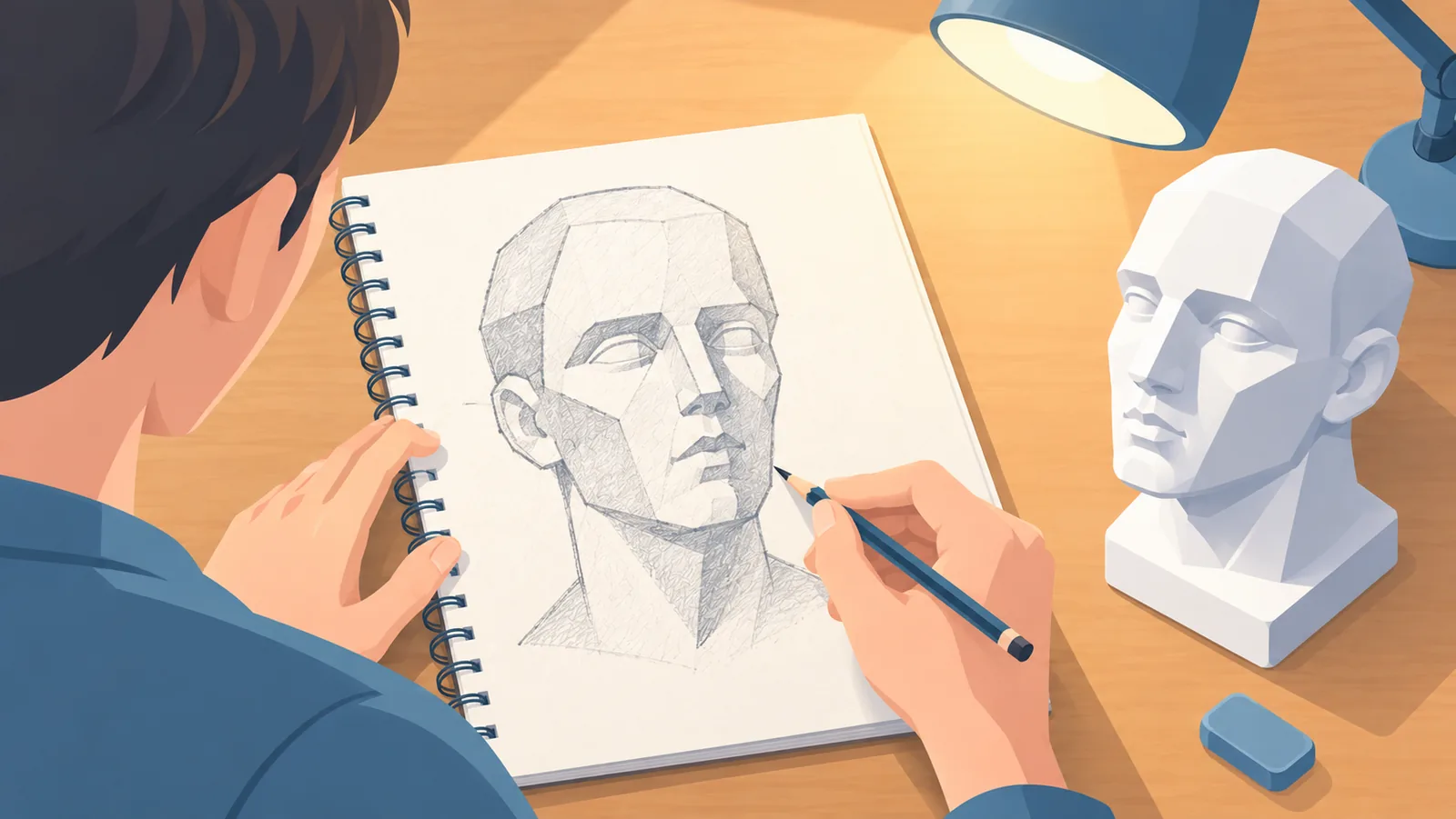 Mains dessinant une tête simplifiée en plans à côté d'un modèle en plâtre