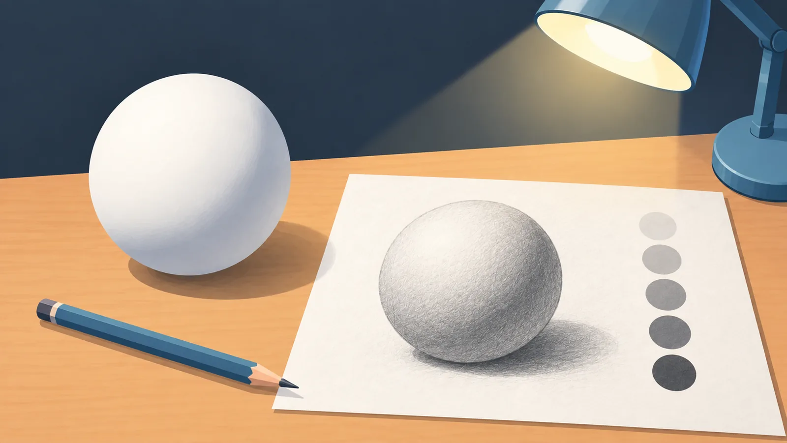 Sphère éclairée et son dessin au crayon en cinq valeurs