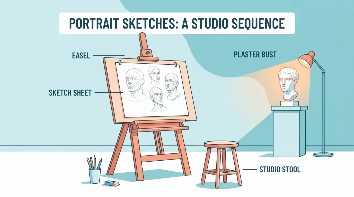 Atelier avec chevalet, croquis rapides de portraits et buste en plâtre éclairé