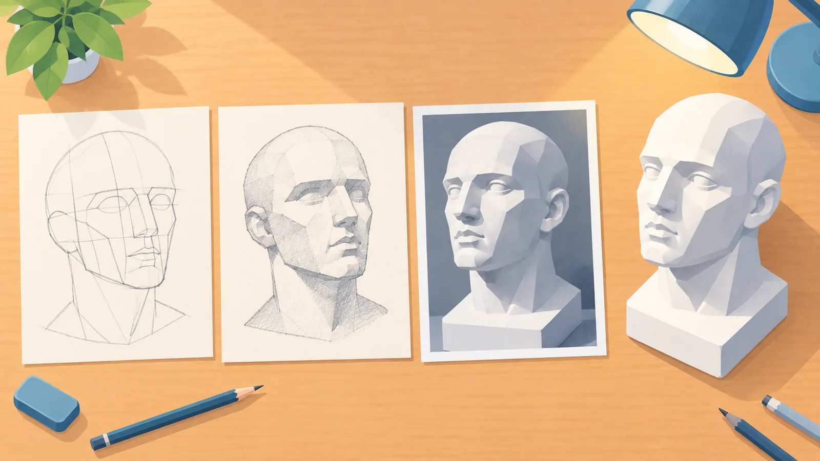 Quatre approches d'étude du visage comparées côte à côte sur une table