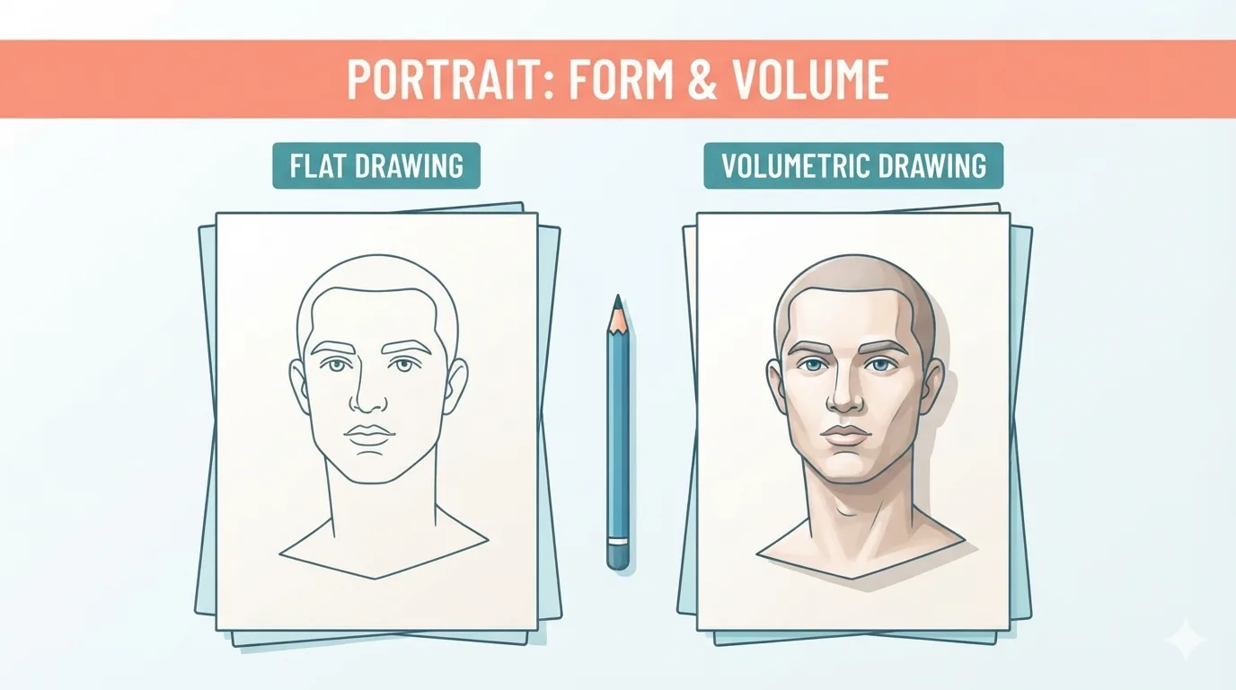 Comparaison d'un portrait à plat et d'un portrait construit en volume