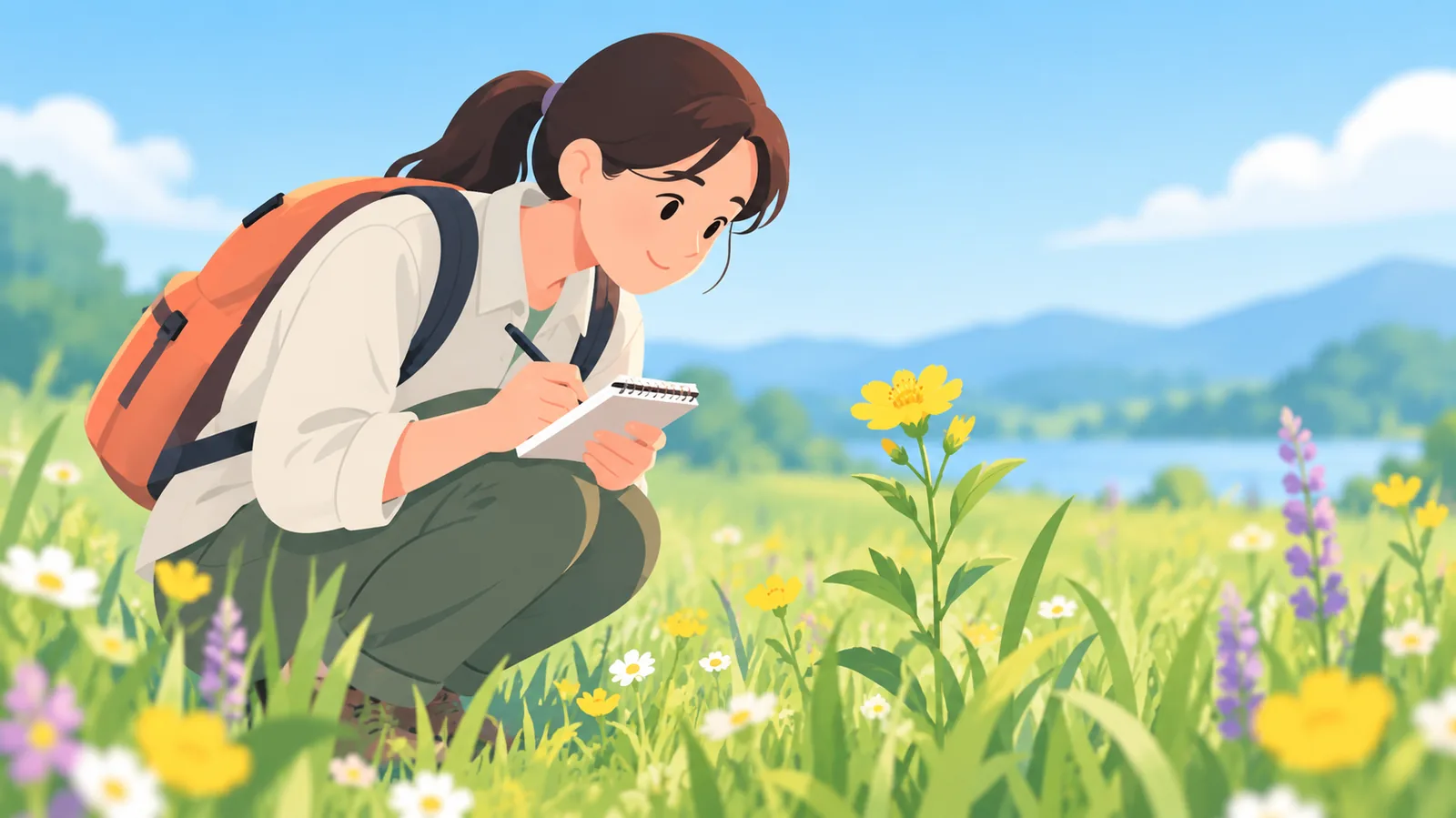 Personne observant une fleur sauvage dans une prairie avec un carnet de notes