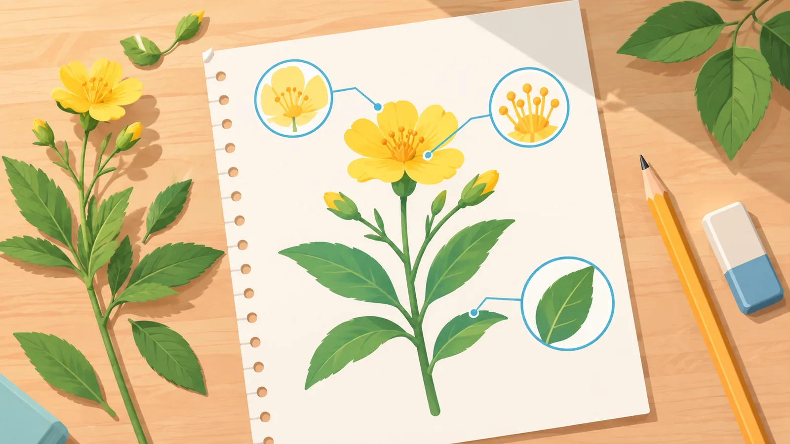 Schéma de fleur annoté posé sur une table à côté de feuilles fraîches