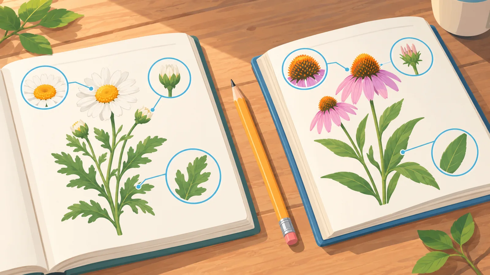 Deux flores de terrain illustrées ouvertes sur une table en bois