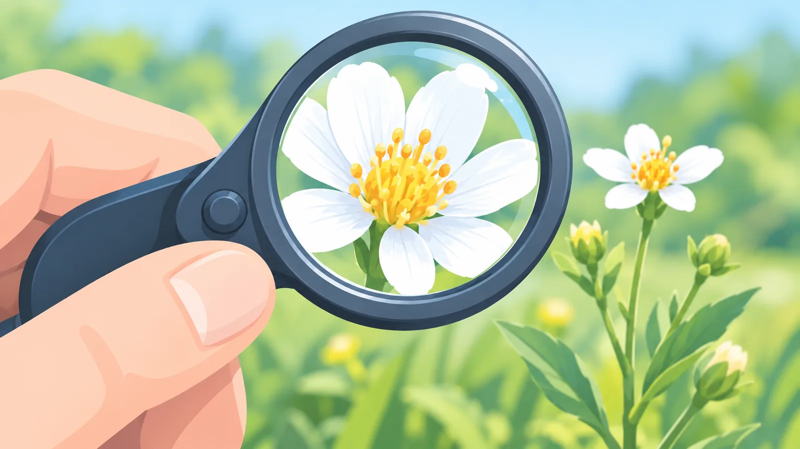 Gros plan d'une loupe de botaniste posée au-dessus d'une petite fleur