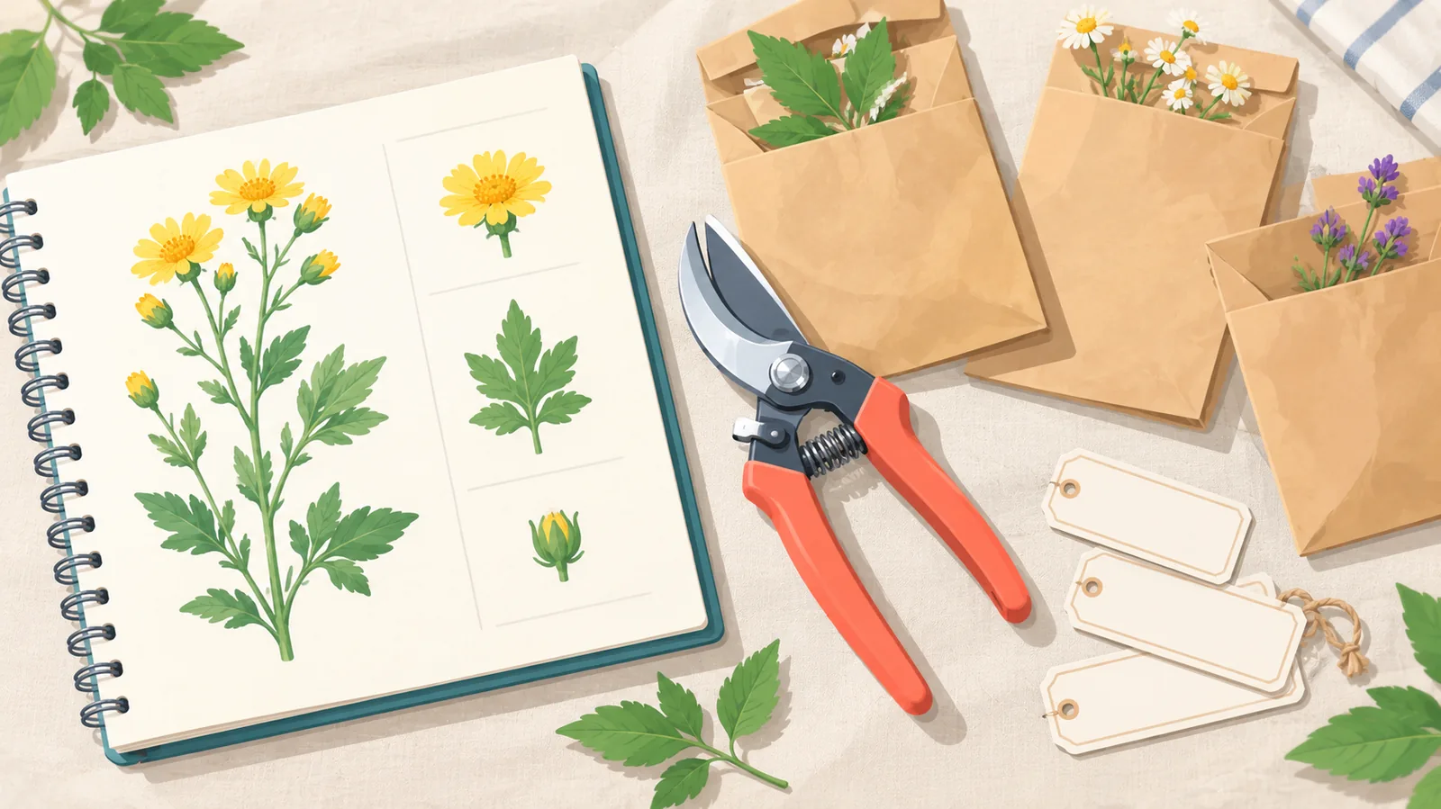 Carnet de terrain, sécateur, sachets de récolte et étiquettes disposés à plat