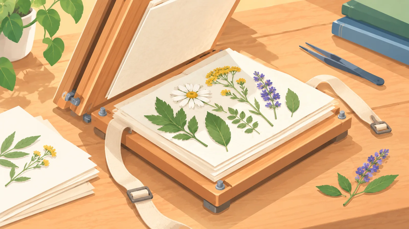 Presse d'herbier ouverte avec des plantes séchées entre des feuilles de papier