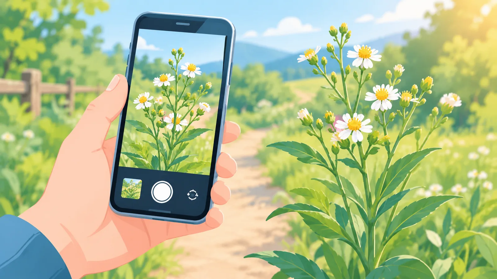 Smartphone photographiant une plante sauvage sur un chemin de campagne
