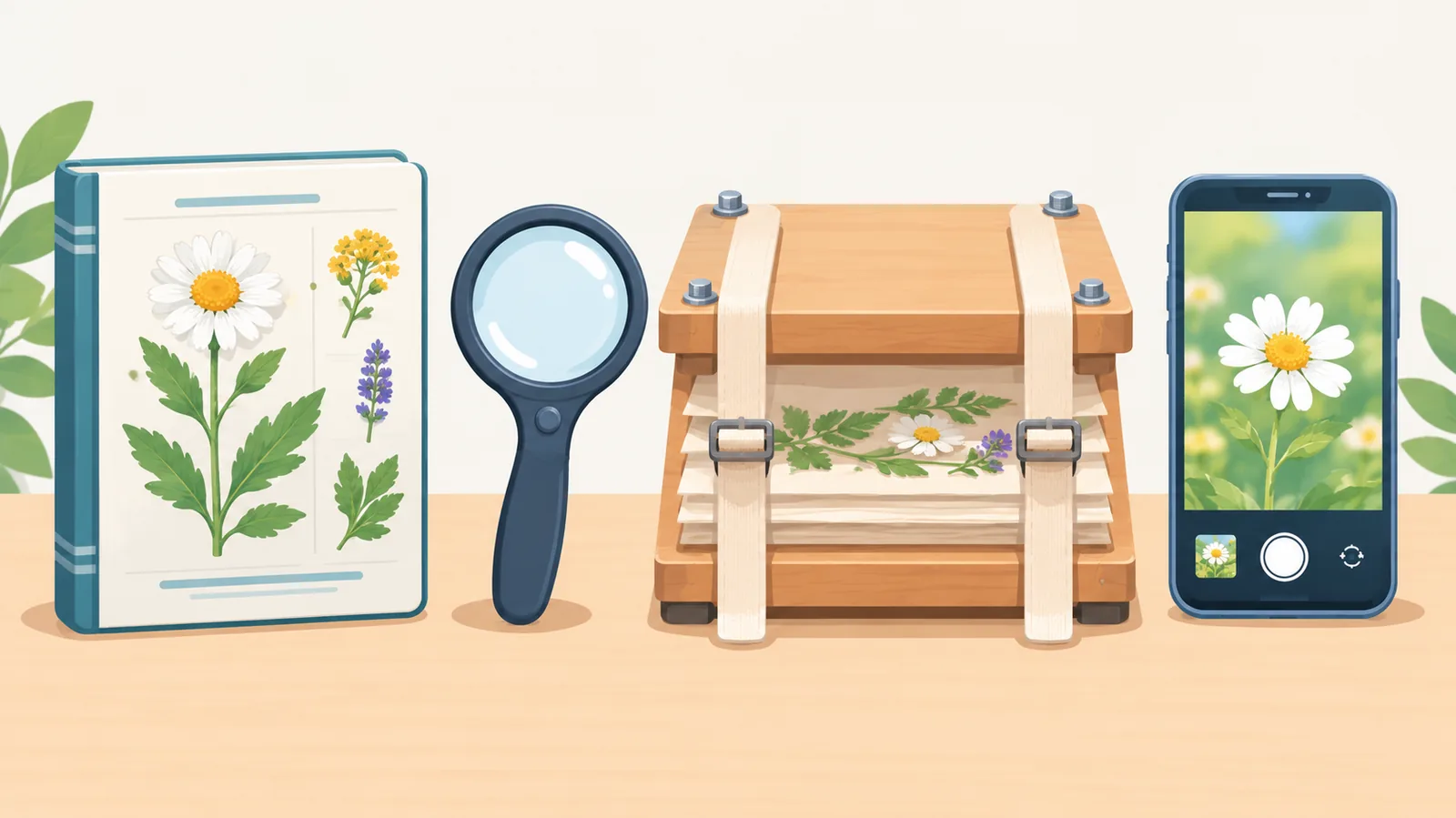 Outils d'étude des plantes alignés côte à côte sur un bureau