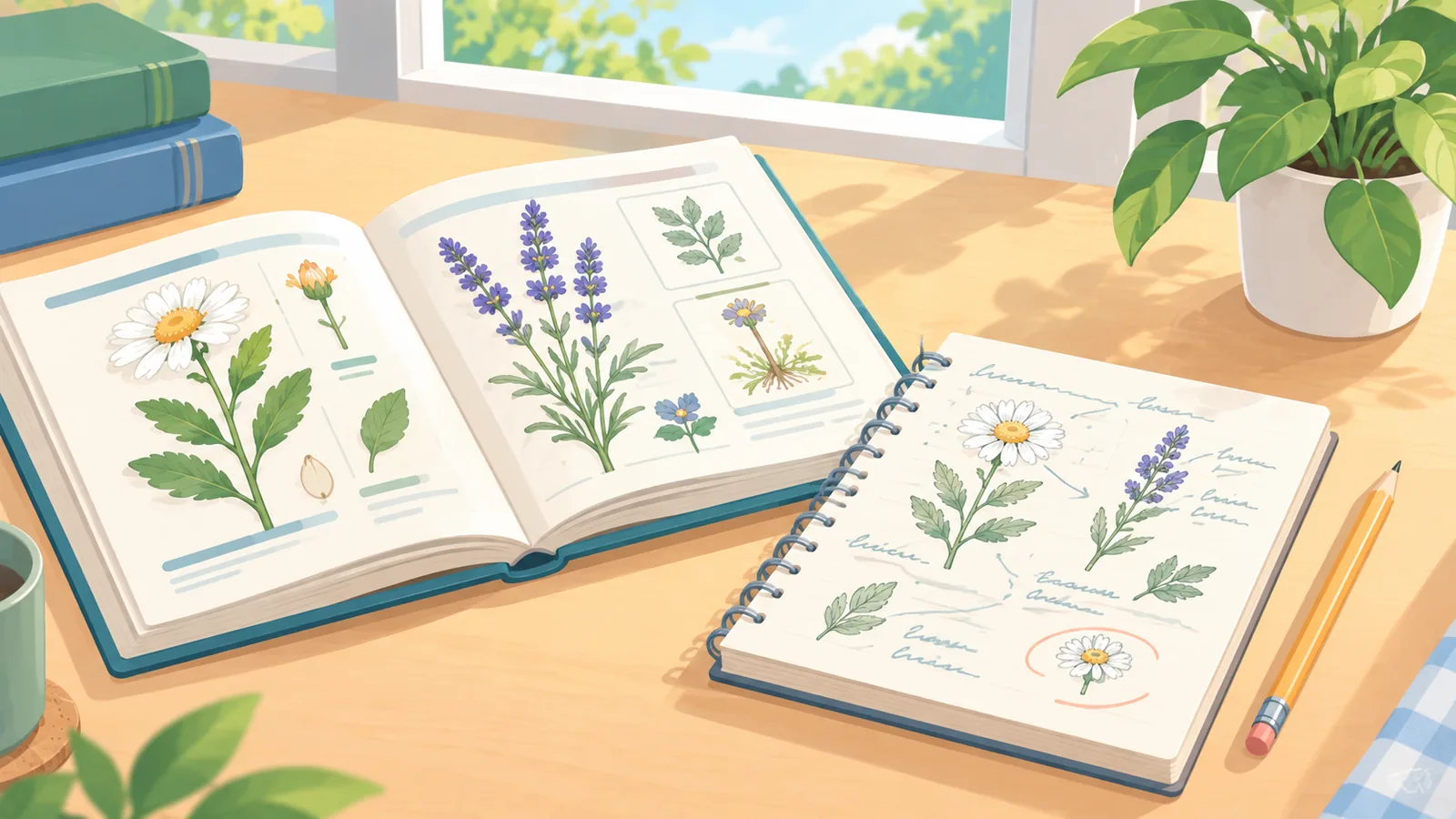 Livre de botanique et carnet annoté sur un bureau lumineux