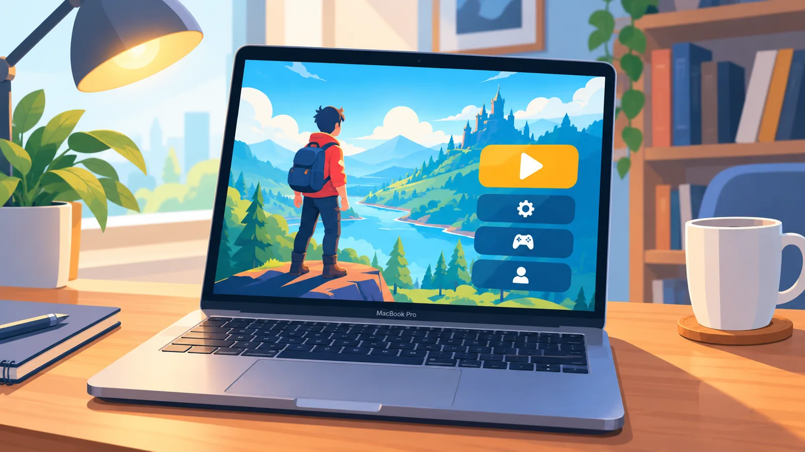 MacBook affichant un menu de jeu coloré sur un bureau en bois