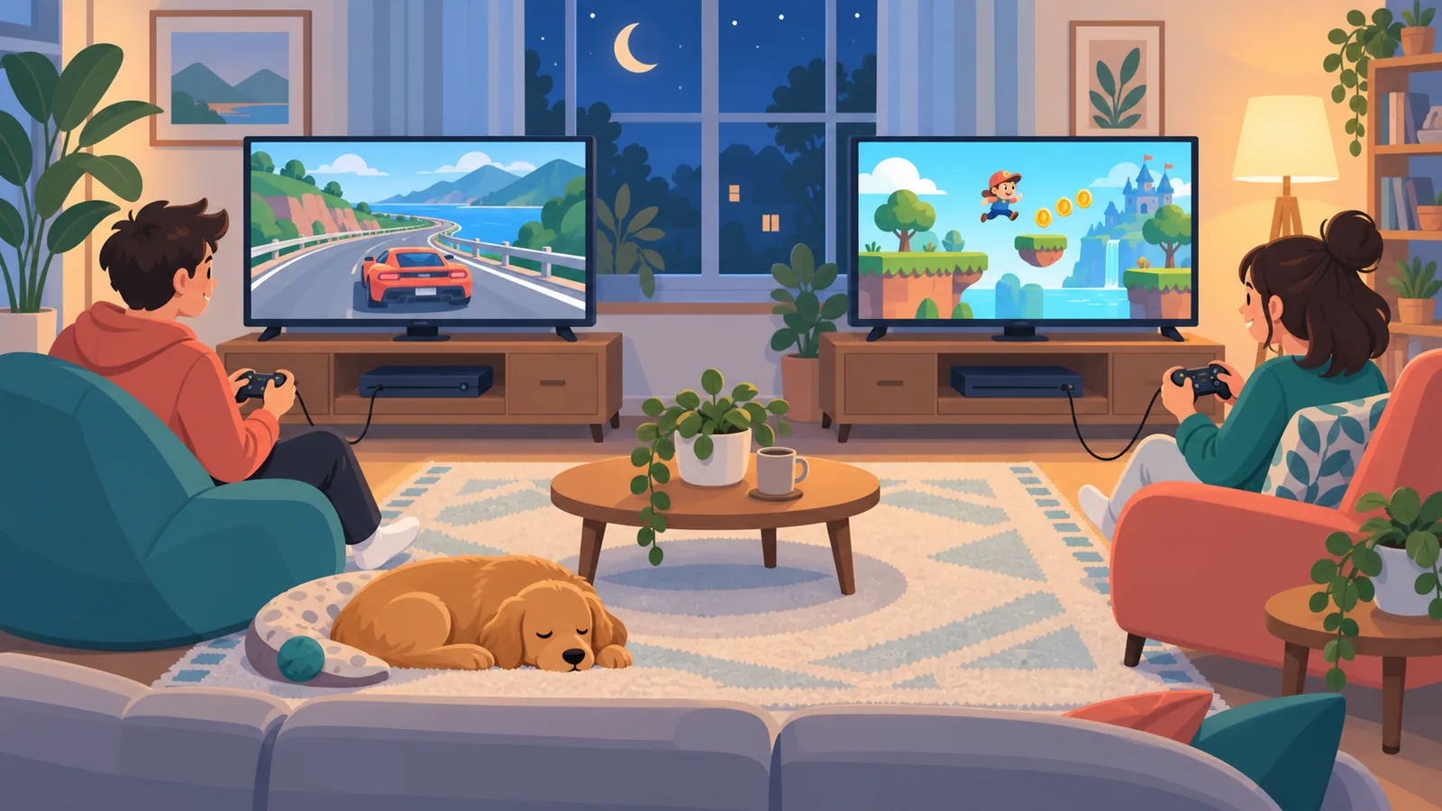 Deux membres d'une famille jouant simultanément à des jeux différents