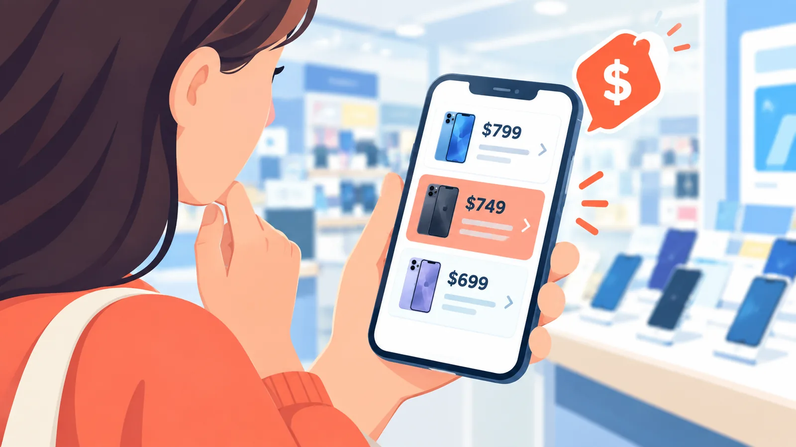 Comparaison de prix sur smartphone dans un magasin d'électronique